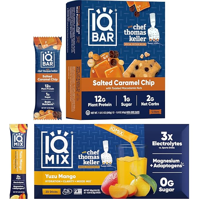 IQMIX &amp IQBAR x Chef Thomas Keller - Brain &amp Body Hydration + Protein Bar Bundle - Yuzu Mango + Salted Caramel Chip - Electrolyte Drink Mix (20ct) + Vegan Protein Bars (12ct)
