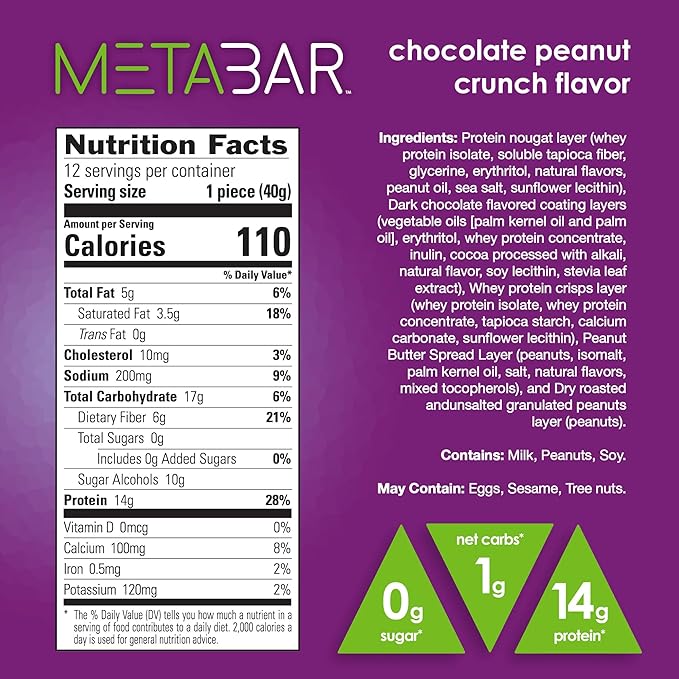 *NEW* No Sugar META BAR - High Protein Energy Bars 0g Sugar 14g Protein Low Net Carb Chocolate Caramel &amp Peanut - Grab &amp Go Protein Snack Bars with Six Layers of Decedent Delight - Gluten