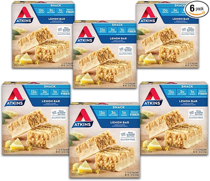 Atkins Lemon Snack Bar Made with Real Almond Butter 1g Sugar Gluten Free High in Fiber Keto Friendly 30 Count