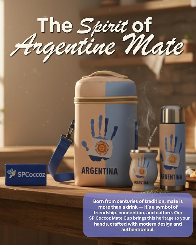 Yerba Mate Cup Set – Complete Argentine Yerba Mate Kit - 750 ml Stainless Steel Bottle Mate Gourd Bombilla Neoprene Bag Yerba Container &amp Gift Box (Mano Argentina)