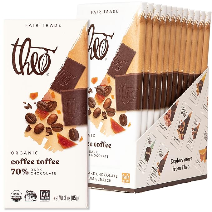 Theo Chocolate Coffee Toffee Organic Dark Chocolate Bar 70% Cacao 12 Pack | Fair Trade
