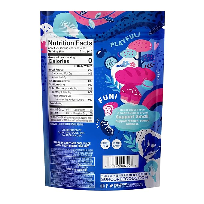 Suncore Foods Blue Butterfly Pea Powder Blue Food Coloring Powder Gluten-Free Non-GMO 3.5oz (1 Pack)
