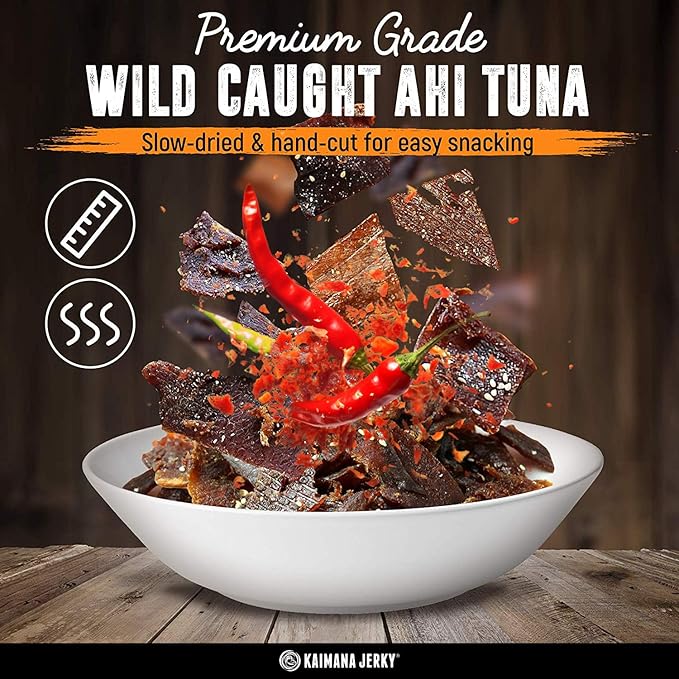 Kaimana Jerky Variety Pack - Ahi Tuna Salmon &amp Wahoo Ono Fish Jerky - Spicy Hot All-Natural Wild-Caught Protein-Packed Omega-3 Rich - Made in Hawaii - 6 Bags Great Gift for Dad