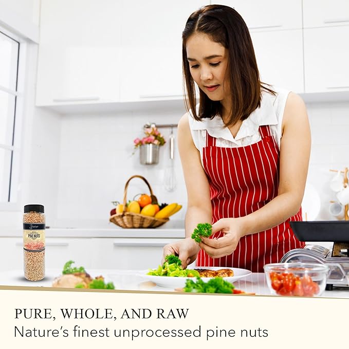 Pontino Raw Pine Nuts - Unsalted &amp Crunchy - Whole Pine Nuts for Snacking Topping Baking Pesto - All Natural &amp Non-GMO - 17.64oz (500g)