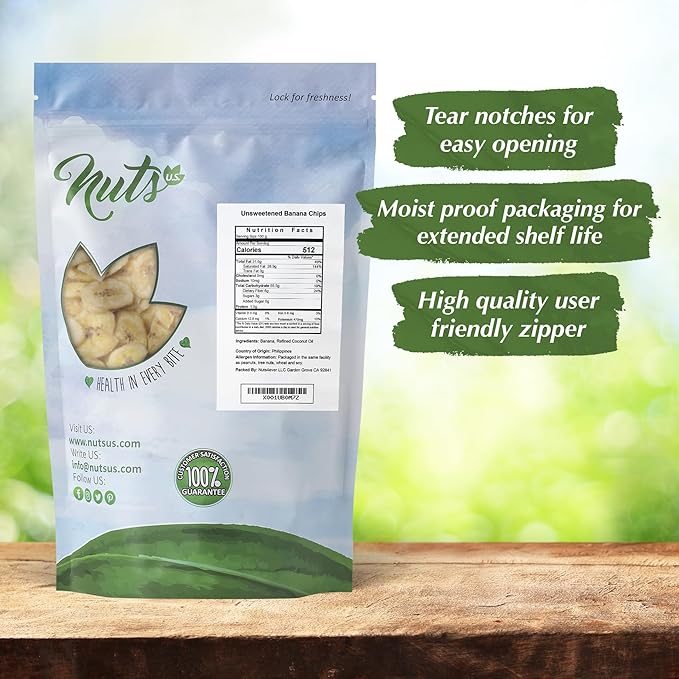 NUTS U.S. - Unsweetened Banana Chips | No Sulphure Added &amp No Artificial Colors | NON-GMO | Natural | Packed in a Resealable Bag!!! (3 LBS)