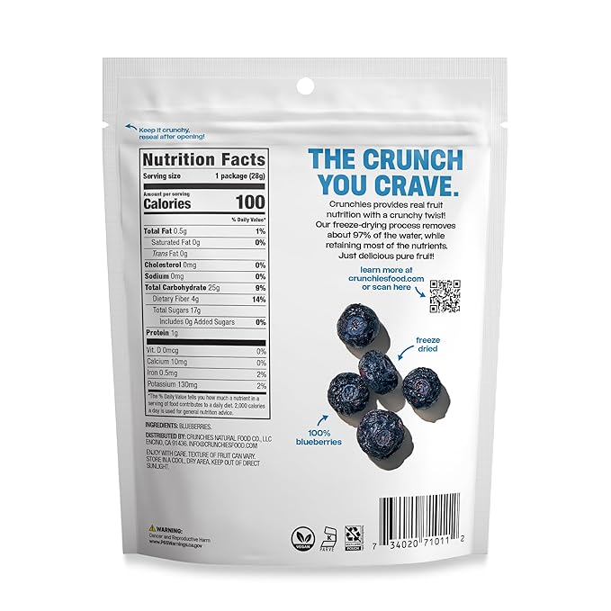 Crunchies Freeze-Dried Fruits 100% All Natural Crispy Fruit Non GMO and Kosher Resealable Freeze Dried Fruit Snack Packs Pack of 6 (Blueberries)