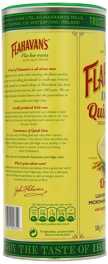 Flahavans Quick Oats Drum 500 g (Pack of 6)