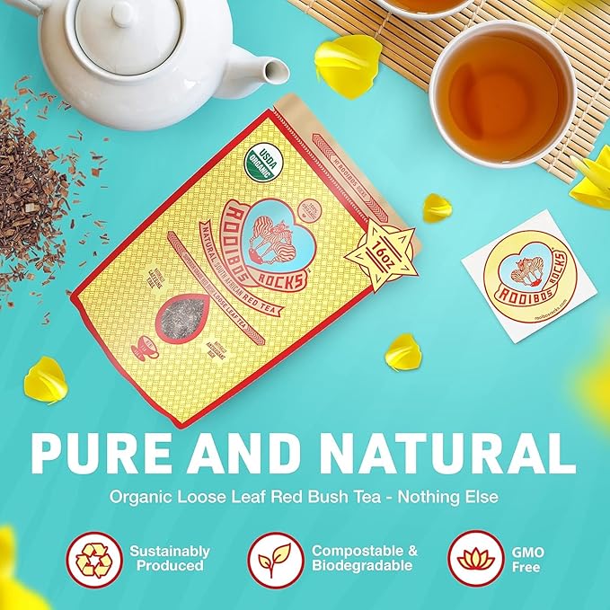Naturally Sweet Organic Rooibos Tea - 16 oz Premium Loose Leaf - Caffeine Free &amp Sugar Free - Rich in Antioxidants