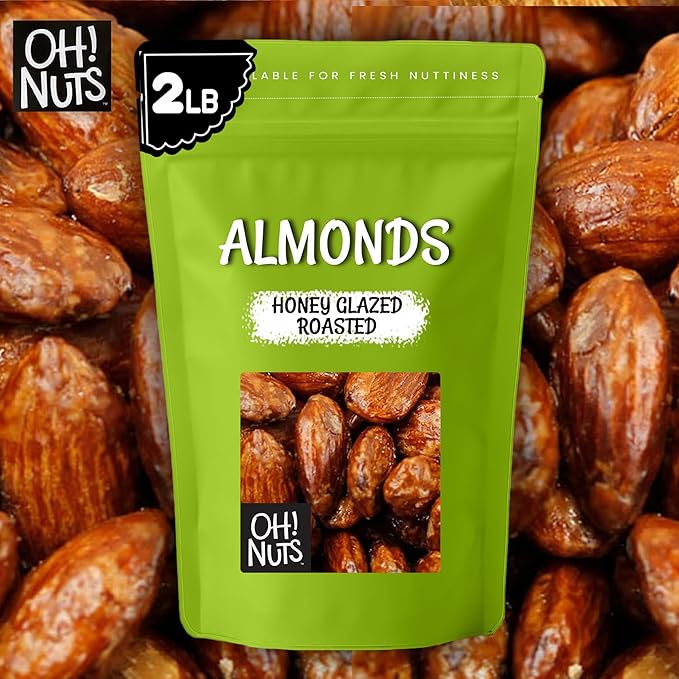 Oh! Nuts Honey Glazed Roasted Almonds - 2 lb - High-Protein Whole Almonds - Packed in New York Zip-Seal Bag for Exceptional Freshness