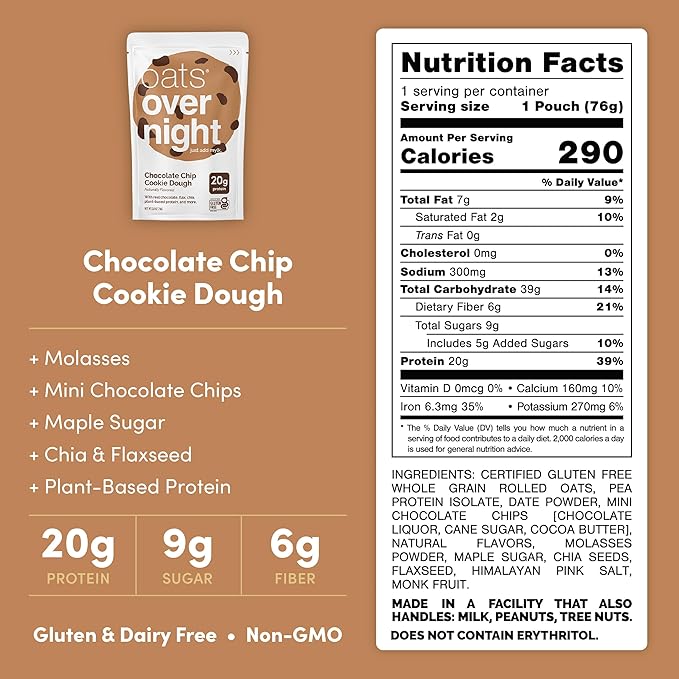 Oats Overnight - Chocolate Chip Cookie Dough - Vegan 20g Protein High Fiber Breakfast Shake - Gluten Free Non GMO Oatmeal (2.6 oz per meal) (8 Pack)