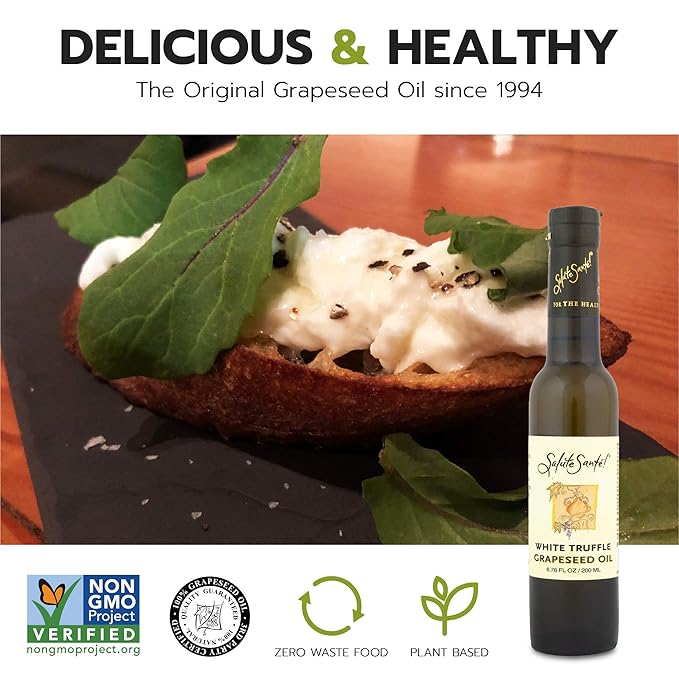 Salute Santé! White Truffle Infused Grapeseed Oil – 200ml Premium Cold Pressed Gourmet Oil for Pasta Pizza Salads and Finishing – Healthy Non-GMO Vegan Upcycled Award-Winning Culinary Essential