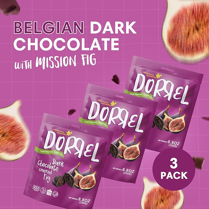 DORREL - Belgian Dark Chocolate Covered Figs High Energy Vegan Choco Snack with Medjool Dates &amp Dried Mission Figs Center Delicious Kosher &amp Non-GMO Pack of 3 8.8 oz / 250 g Ea