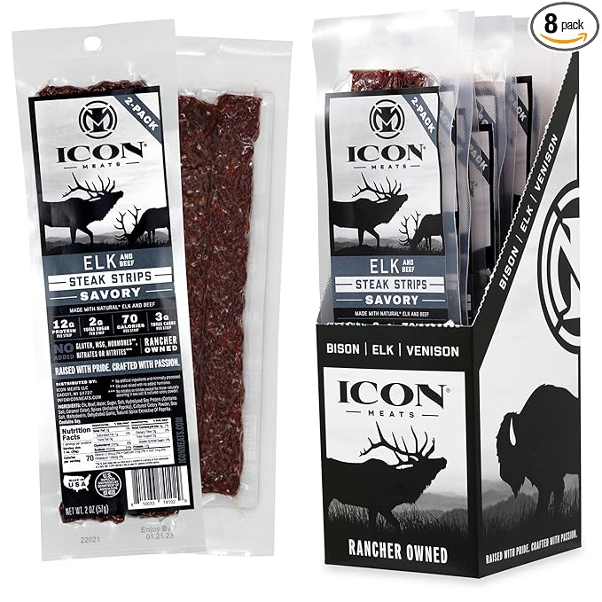 ICON Meats Elk and Beef Jerky Steak Strips Savory Flavor 8 High Protein Snacks Packs 2 Strips per Pack Low Sugar Gluten Free Natural USDA Inspected Made in the USA Gifts for Him