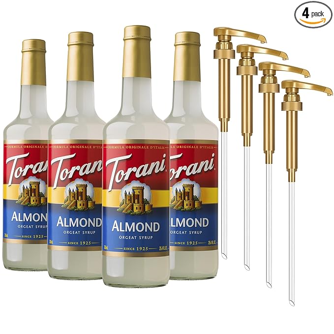 Torani Coffee Syrup Almond Orgeat Flavored Syrup for Drinks Glass Bottle 4-Pack Pumps Included 25.4 Oz Ea