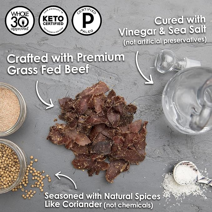 Ayoba Traditional Grass Fed Beef Biltong Slices (2 Ounce Pack of 8) Keto Friendly Air-Dried Grass Fed Beef Paleo Snacks - Gluten Free Whole 30 Approved No Sugar No Carb Meat Snacks