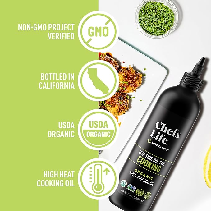 Chefs Life Organic Avocado Oil - Organic Avocado Oil For Cooking Avocado Oil Organic for Dressing Dipping Drizzle 100% Pure Single Origin Non GMO - 16.9 Fl Oz Squeezable Bottle (3 Pack)
