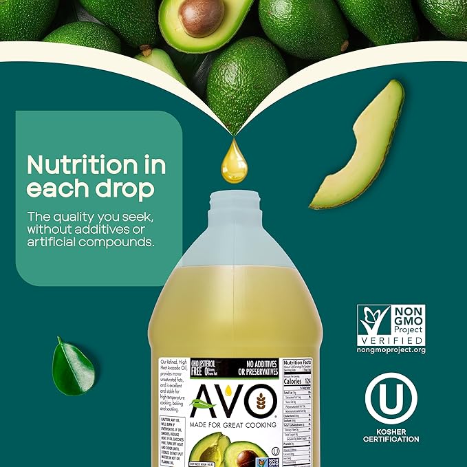 AVO Bulk Avocado Oil for Cooking Half Gallon (64 fl oz) Non-GMO Certified No Preservatives High Smoke Point 500°F Neutral Flavor Gluten-Free Plant-Based OU Kosher