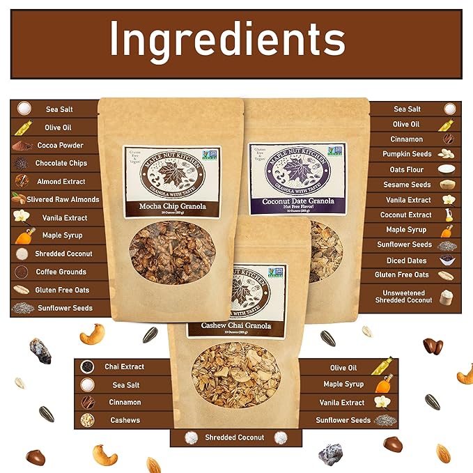 Maple Nut Kitchen Artisanal Variety Pack Granola Bites - Cashew Chai Mocha Chip and Coconut Date | 10 oz Each | Gluten-Free Vegan Delicious Breakfast Treats | 3-Pack