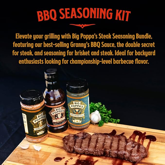 Big Poppa’s Steakhouse Grill Bundle – Savory BBQ Rubs &amp Championship BBQ Sauce Kit for Beef Chicken and Pork – Balanced Juicy Flavor for Steak Nights Everyday Cooking &amp Grilling – 3-Pack Se