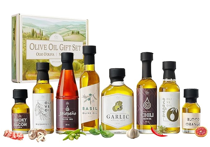 Kiri &amp Sons Olive Oil Gourmet Sampler Gift Set of 8 - Premium Extra-Virgin Olive Oil Made In Spain Natural Flavors Include Mushroom Chili Garlic Oregano Blood Orange Smoky Bacon Jalapeno B