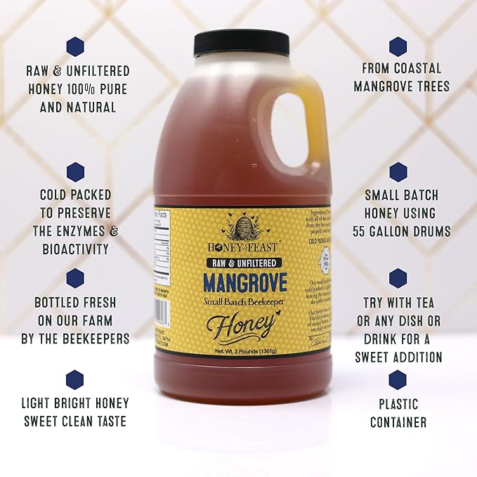 HONEY FEAST 3 Pounds Raw Mangrove Honey | from American Organic floral sources | Unfiltered &amp Pure | Fresh from Florida Superfood