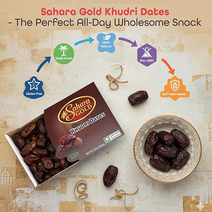 Sahara Gold Khudri Dates from Saudi Arabia | Gluten-Free &amp Non GMO | Naturally Dried Whole Dates | No Sugar Added | Mildly Sweet High Fiber Dried Fruit For Ramadan Snacking Baking 32 oz (907g)