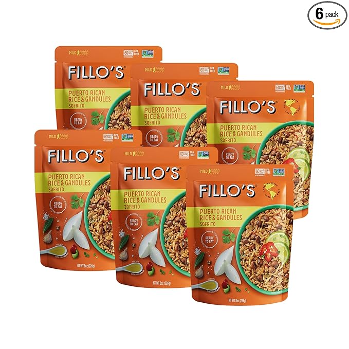 Fillo's Puerto Rican Rice And Gandules - Ready To Eat Rice With Beans Gluten-Free Preservative-Free Microwavable Meals Non-GMO Vegan Plant Protein 8 oz Pk of 6