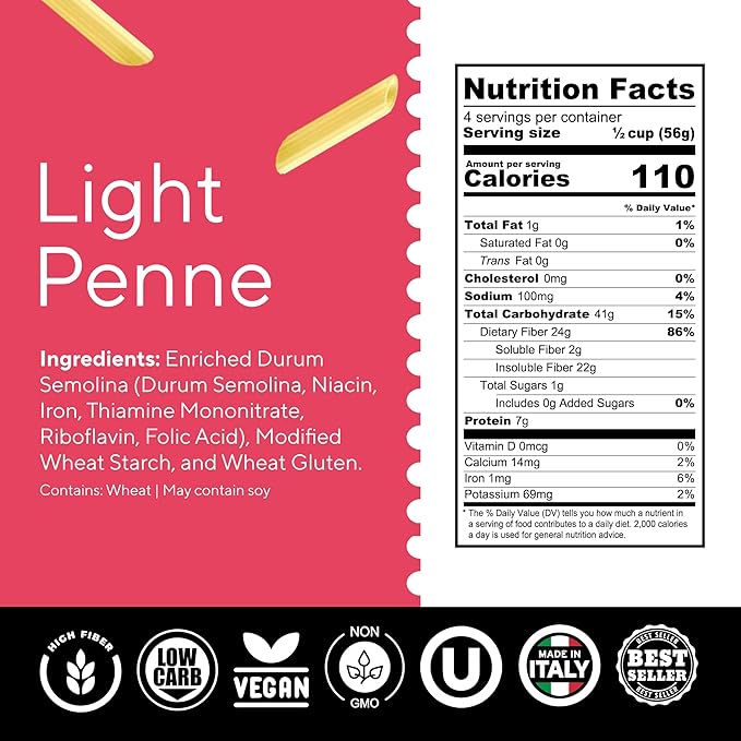 Fiber Gourmet Light Penne Low Net Carb Pasta - High Fiber Keto Pasta with 48% Less Calories 24g Fiber Non-GMO Made in Italy Kosher Certified Healthy Alternative - 1 Pack