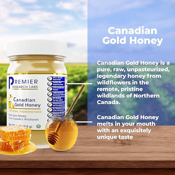 Premier Research Labs Canadian Gold Honey - Raw Honey Pure Honey Raw Unpasteurized Honey Unfiltered 100% Pure Sugar-Free Unprocessed Wildflower Honey - 1 lb Jar