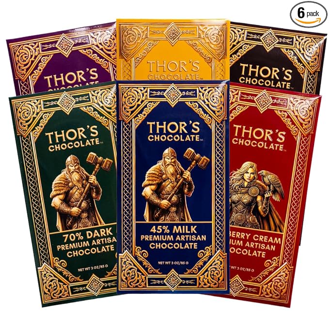 Thor’s Chocolate Variety Pack of 6 Milk Dark Dark Almonds Raspberry Pineapple and Huckleberry Bean to Bar Small Batch Smooth &amp Creamy Luxury Gourmet Chocolate Made in USA (6 x 3oz Bars)