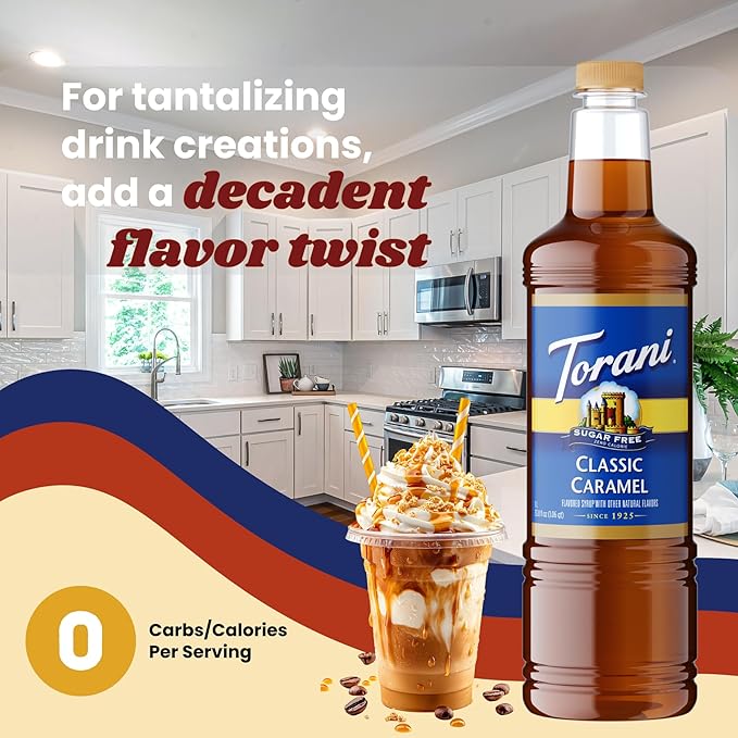 Torani Sugar-Free Classic Caramel Syrup 1 Liter Bottle with Pump Dispenser – Zero Calorie Coffee Flavoring with Rich Caramelized Brown Sugar Taste – Keto &amp Diabetic Friendly Sweetener for Lattes a