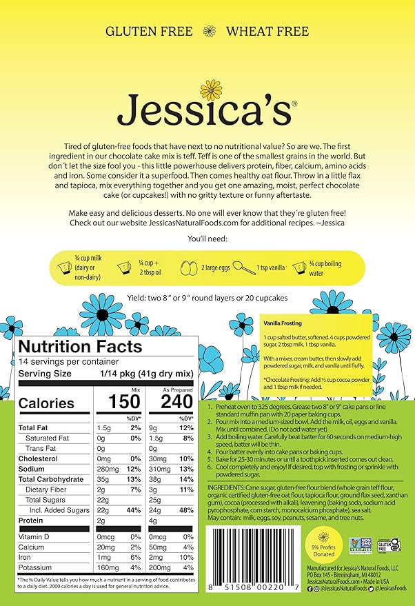 Jessica’s Natural Foods - Gluten-free Chocolate Cake Mix Made with the Ancient-Grain Teff and Wholesome Oat Flour Non-GMO and Gluten Free. 3 Per Pack