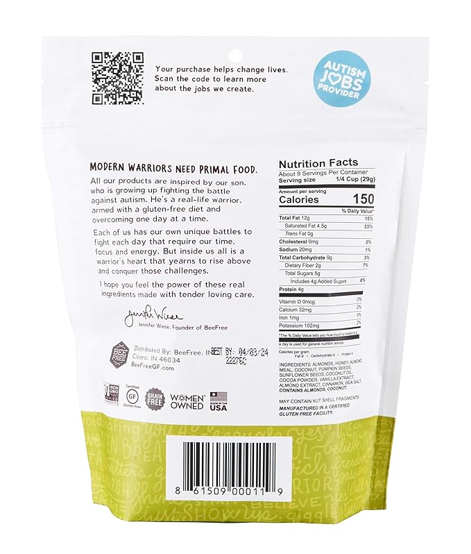 BeeFree Warrior Mix Gluten Free Granola - Chunky Granola Bites | Paleo Granola Low Carb Grain Free Preservative Free Oat Free | Granola for Yogurt Low Calorie Snacks | Clay’s Chocolate Buzz 9 Ou