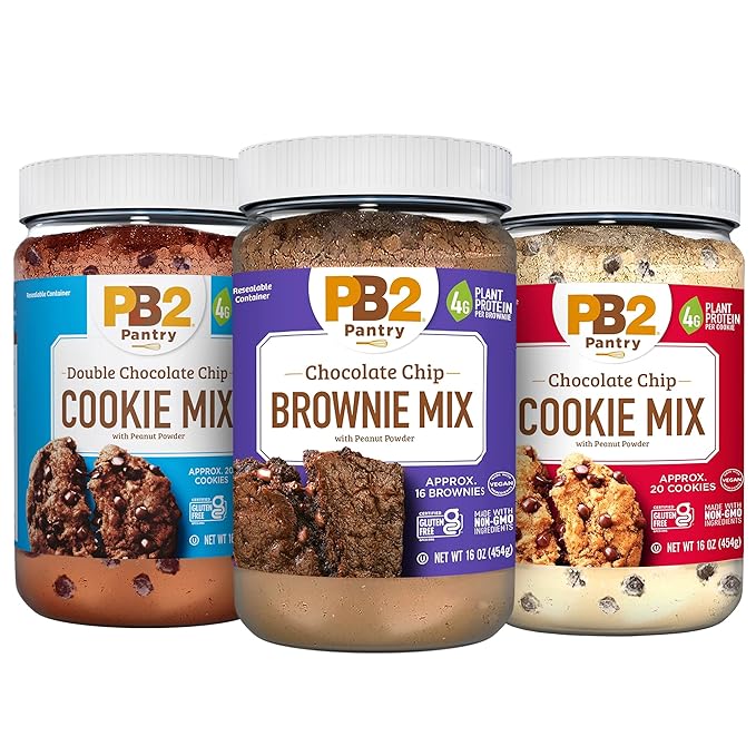 PB2 Pantry Bundle of Chocolate Chip Brownie Double Chocolate Chip Cookie &amp Chocolate Chip Cookie Mix | Certified Vegan Gluten-Free Non-GMO 4g Plant Protein per Serving 16oz Jars [Pack Of 3]