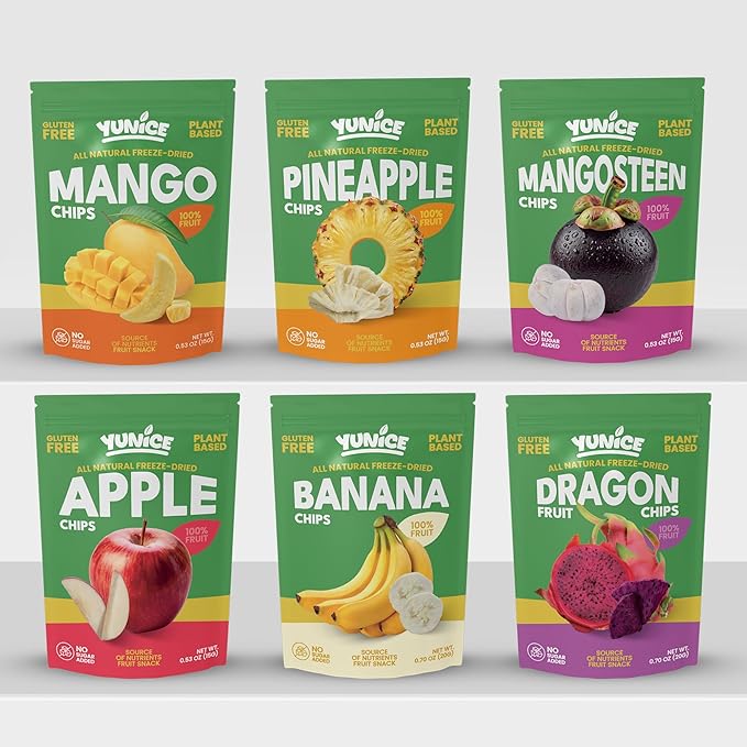 YUNiCE Freeze-Dried banana chips 100% Real Fruit Single Ingredient Snack Naturally Sweet &amp Crunchy No Sugar Added Gluten Free Plant-Based On-The-Go Packs BANANA 0.70 Ounce (Pack of 12)