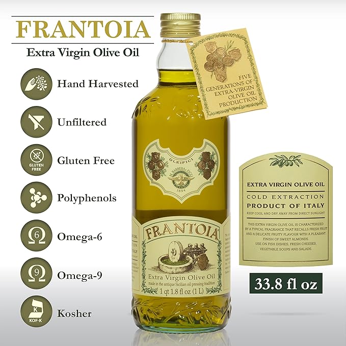Frantoia Extra Virgin Olive Oil from Italy - Fruity Unfiltered Cold Extracted Authentic Sicilian Olive Oil - Fresh Harvest Imported From Italy - 33.8 fl oz - Pack of 6