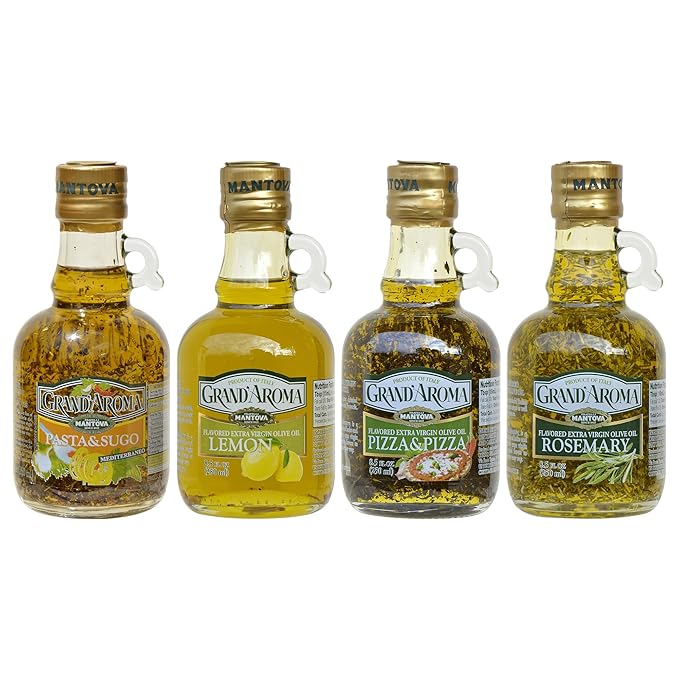 Mantova Grand'Aroma Flavored Extra Virgin Olive Oils Variety Gift Set 8.5 Oz Bottles Pasta &amp Sugo Pizza &amp Pizza Rosemary Lemon Made in Italy (Pack of 4)