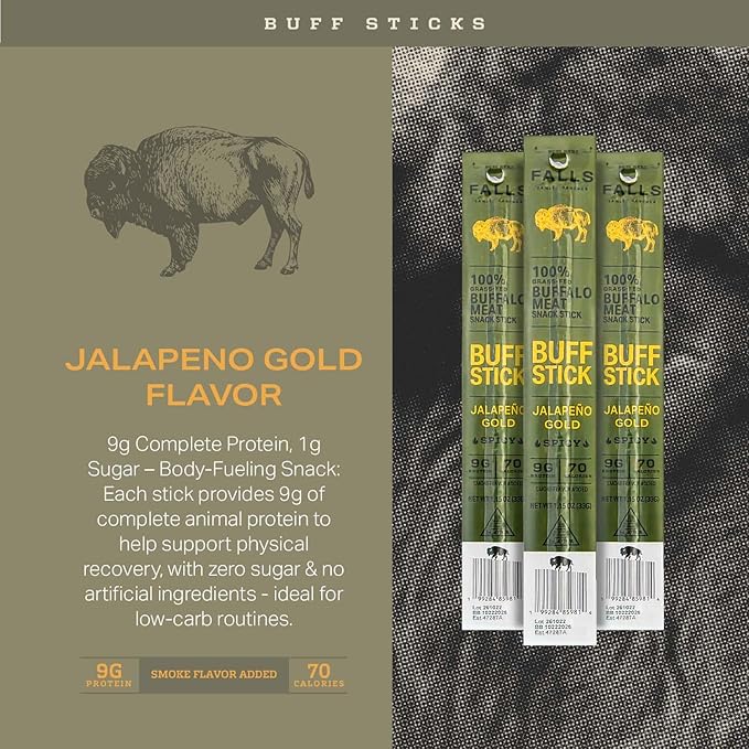 Grass-Fed Buffalo Meat Snack Sticks Jalapeno Gold Spicy by Falls Family Ranches 12 Pack 1.15oz Stick Carton 9g Protein 1g Sugar 70 Calories