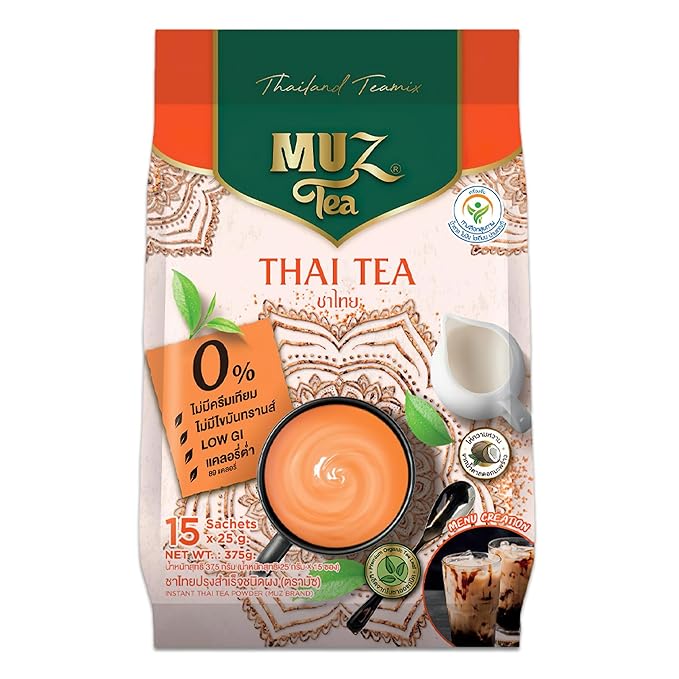 MuzTea Thai Tea Mix Milk Tea Powder 3 in 1 Instant Thai Tea Drink Packets Authentic Assam Tea Leaves For Hot Ice Tea No Artificial Color 15 Sachets (Thai Milk Tea)