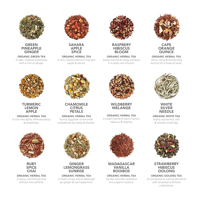 Teabloom Exceptional Organic &amp Kosher Certified Loose Leaf Tea Chest World's Largest Tea Collection with 24 Varieties of Black Green White Oolong and Herbal Teas