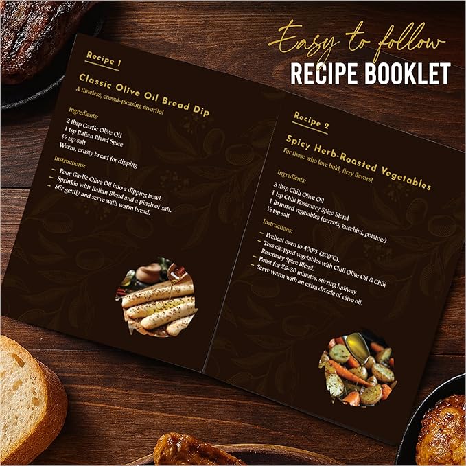 Infused Olive Oil Gift Set – Variety Pack - 4 Flavored Olive Oil Extra Virgin 3 Spice Flavorful Infusion Blends Bread Dipping Bowl &amp Recipe Booklet - Set of 8 – Gourmet Cooking Gifts for Women -