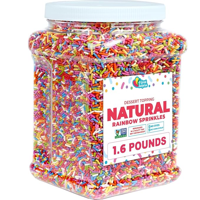A Great Surprise Dye-Free Rainbow Sprinkles – 1.6 Pounds - Natural Vegan Baking Toppings with No Artificial Dyes or Flavors – Non-GMO Jimmies for Cookies Cakes Ice Cream &amp Cupcakes