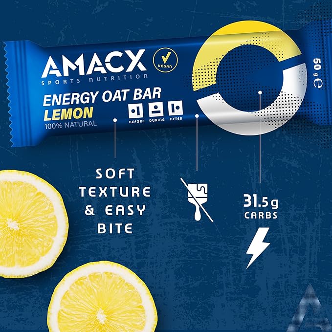 AMACX Energy Oat Bar for Endurance Sports – 12 x 50g – Energy Bars Carbohydrate mix (31g) – Vegan Protein Bar with 50mg magnesium – Running &amp Hiking Snacks – Healthy Oatmeal Power Bars - Lemon