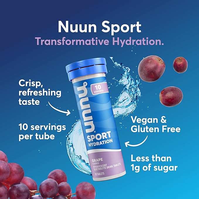 Nuun Sport Electrolyte Tablets with Magnesium Calcium Potassium Chloride &amp Sodium Gluten Free &amp Vegan Grape 8 Pack (80 Servings Total)
