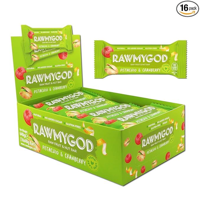 RAWMYGOD Fruit and Nut Bars Gluten Free Vegan No Added Sugar (16 bars Pistachio &amp Cranberry)