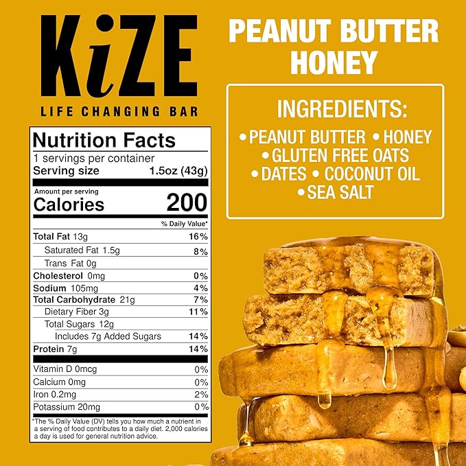 KiZE Energy Bars - Peanut Butter Honey - 20-Count - Gluten Free Dairy Free Non-GMO and High Protein Meal Replacement Energy Bars Clean and Simple Food Ingredients - 7g High Protein Snacks (20 Coun