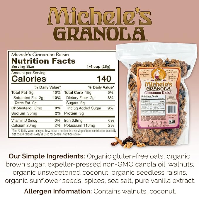 Michele's Granola Cinnamon Raisin Handmade Whole Grain Vegan Gluten-Free &amp Non-GMO 36oz Resealable Bag