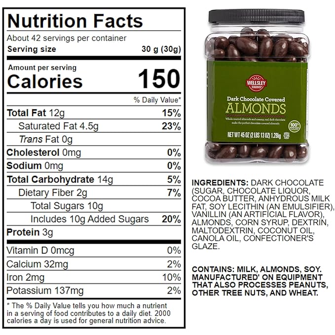 Wellsley Farms Dark Chocolate Covered Almonds – 2lbs 13oz | Whole Roasted Almonds with Real Creamy Dark Chocolate | Kosher Gluten-Free Snack
