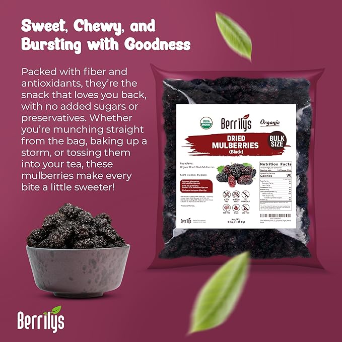 Dried Mulberries Black Organic Berrilys 3 LB Dried Mulberry Non-GMO Unsulfured Raw Healthy Snacking Great Ingredient for Baking Purposes Vegan Natural