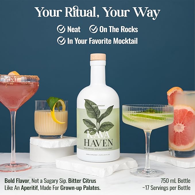 Kava Haven Non Alcoholic Spirit 750mL Bottle | Kava Kava Drink | Non Alcohol Alternative Spirit for Mixed Drink Recipes | Low Calorie | All Natural | - Lemon Ginger Flavor (17 Servings)